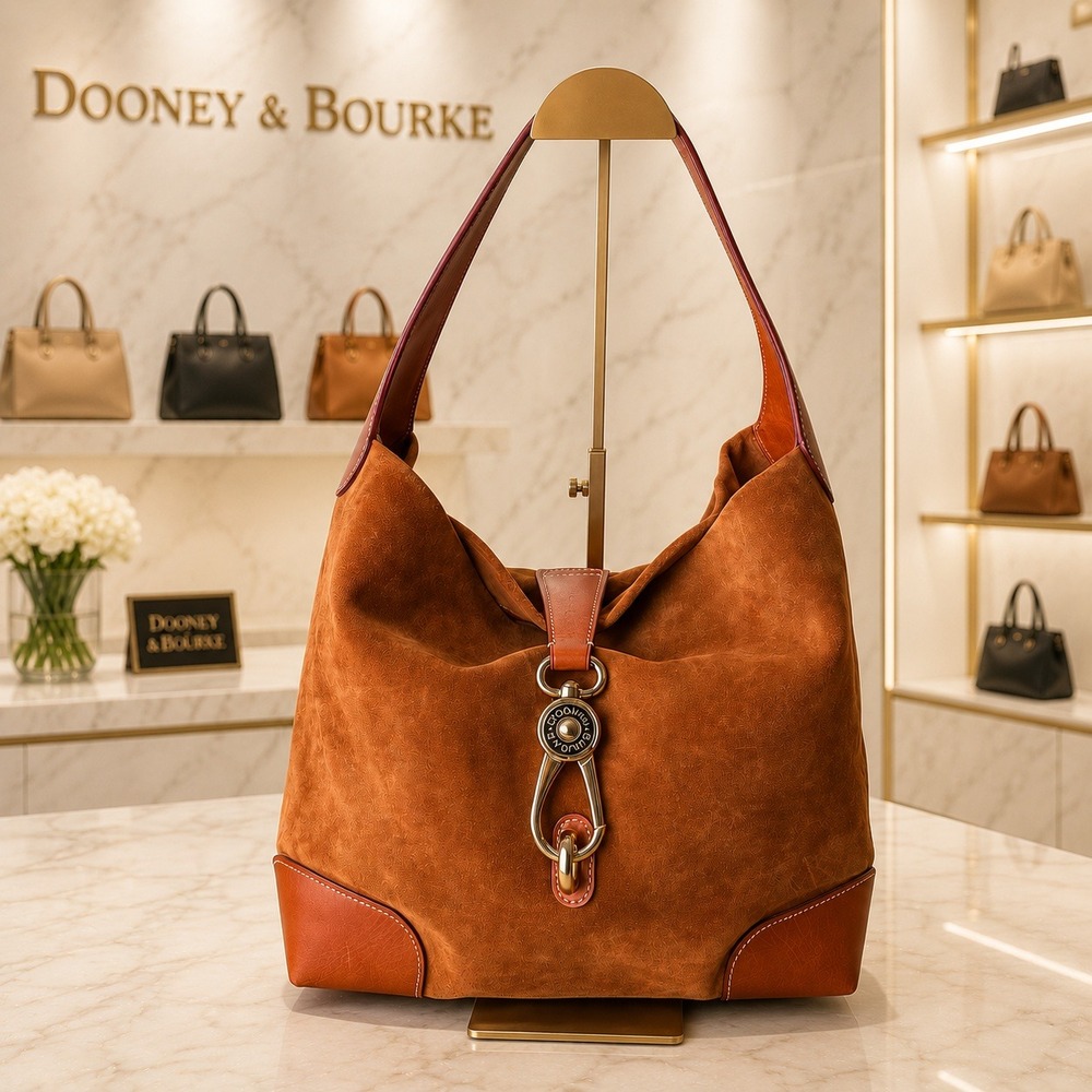 Dooney & Bourke Suede Leather Hobo Shoulder Bag Brown Tan Large